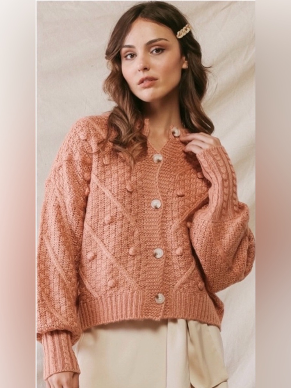 New Blush Knit Button Front Cardigan PomKnit Gorgeous Classy Women’s Sweater